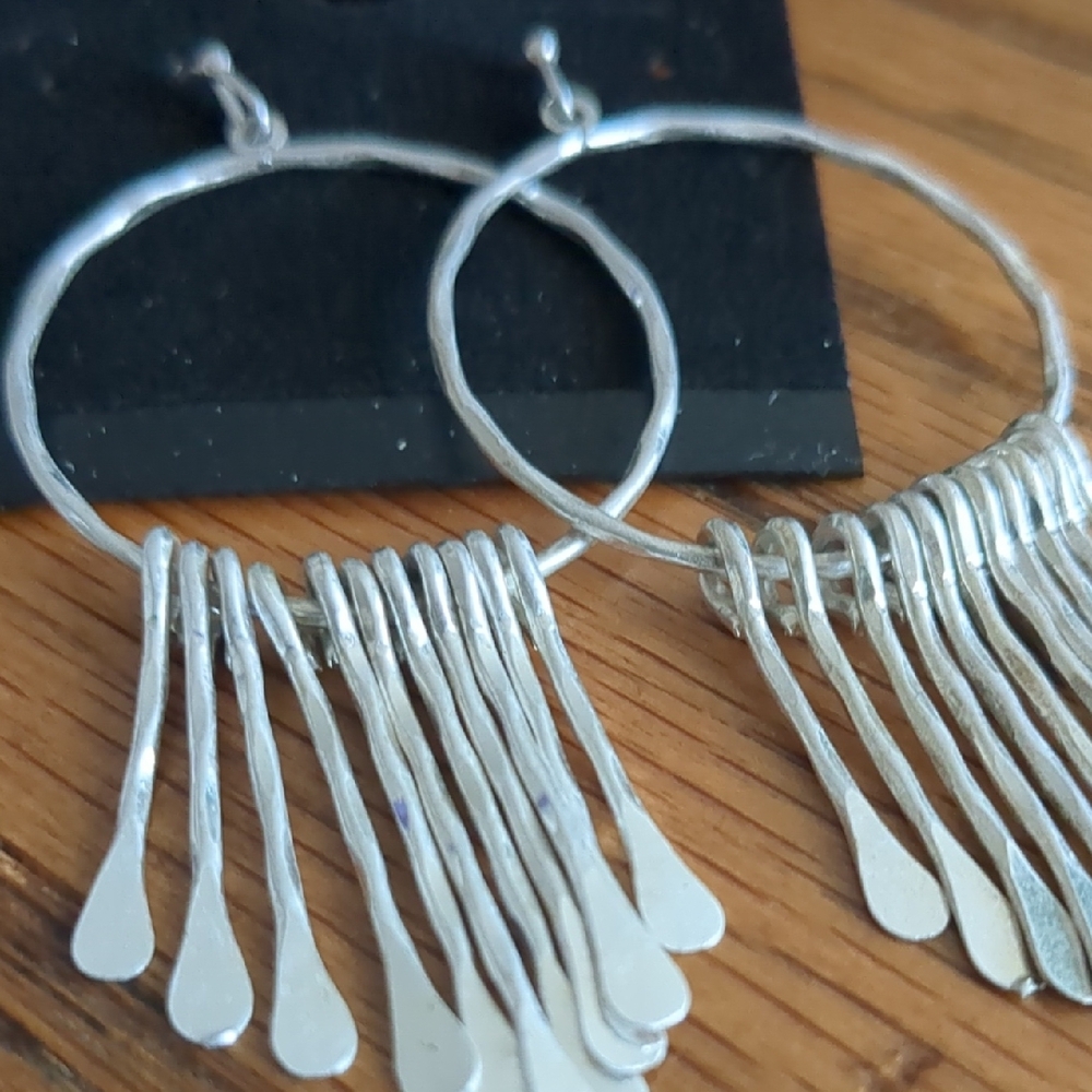 `Silver Hammered Hoop Dangle Earrings